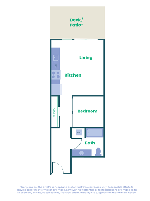 Floor plan for 1 bed, 1 bath, 530 sqft